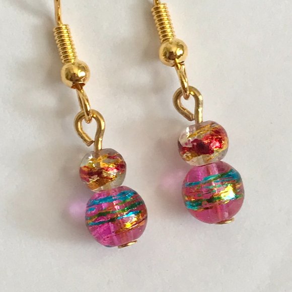 Pink Aqua Blue Murano Glass Earrings Bead Hand Painted Round Gold Plated Dangle - Picture 9 of 13